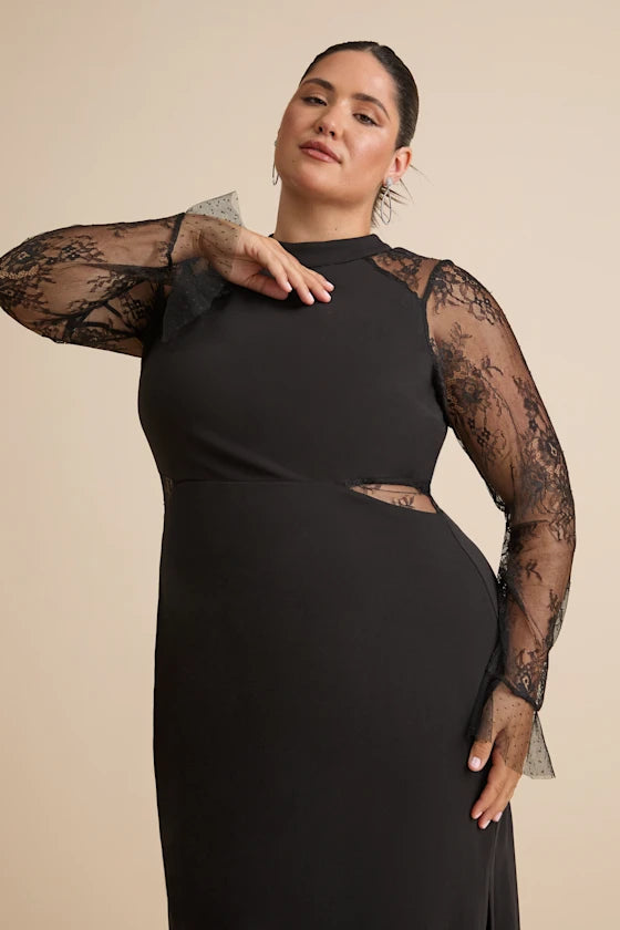 Bragging Rights Black Lace Long Sleeve Column Maxi Dress