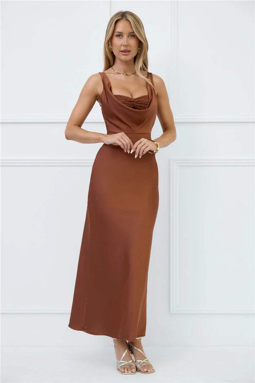 Silken Stars Satin Maxi Dress Brown
