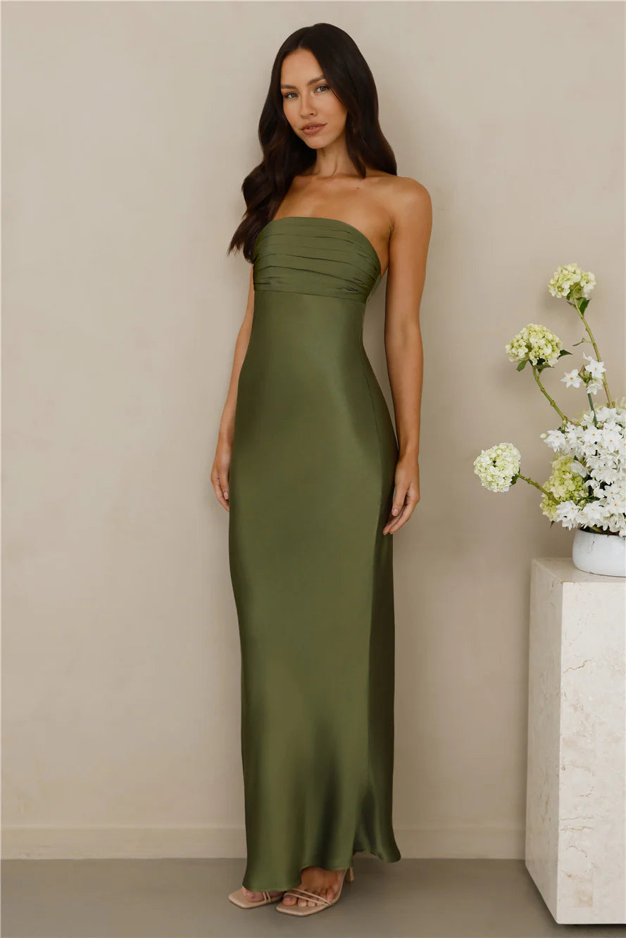 The Seraphina Strapless Satin Maxi Dress Olive