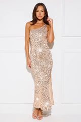 Shining Like Daylight Sequin One Shoulder Maxi Dress Gold