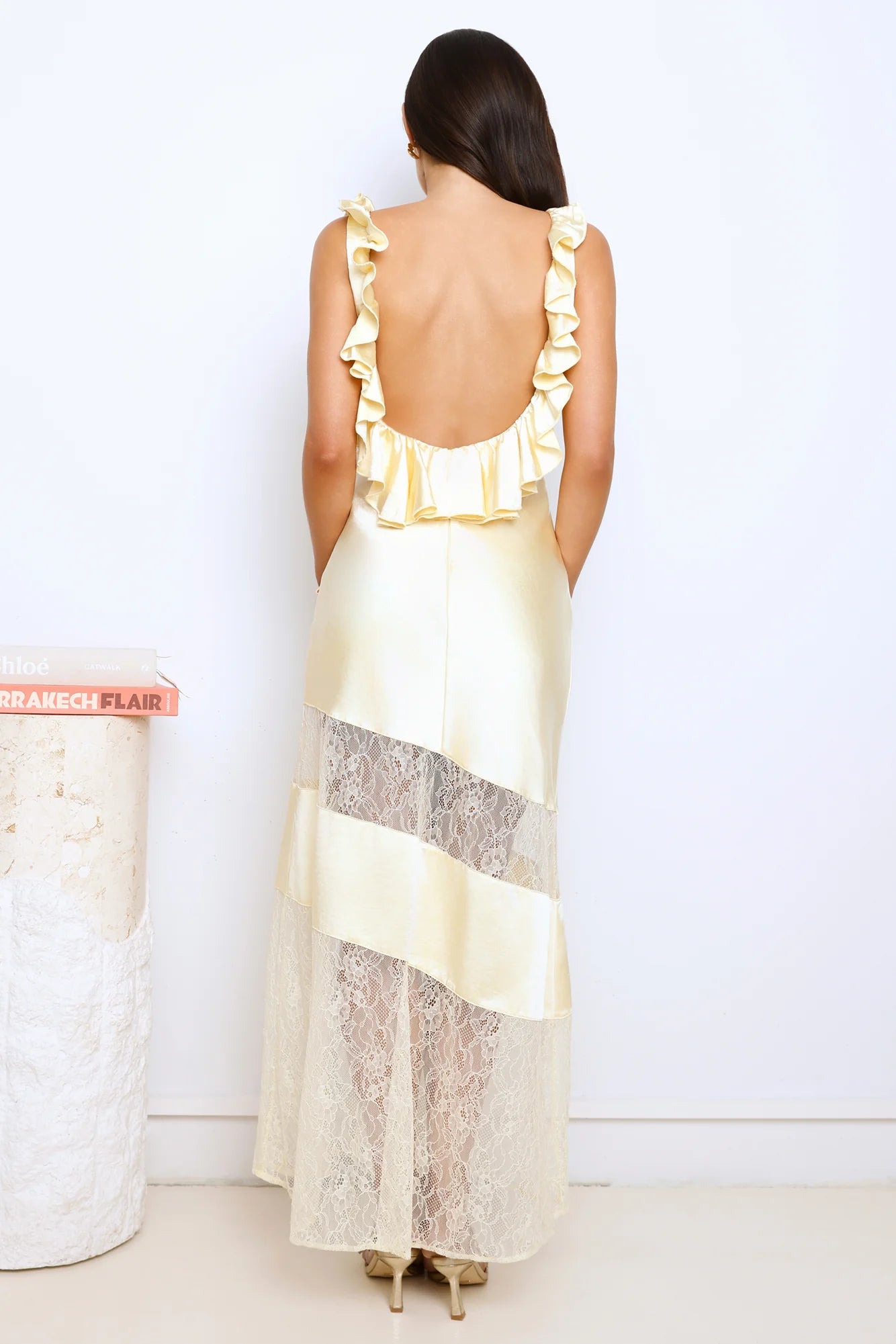 Shine Without Trying Lace Satin Maxi Dress Yellow