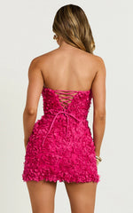 Strapless 3D Floral Lace Up Back Dress in Pink