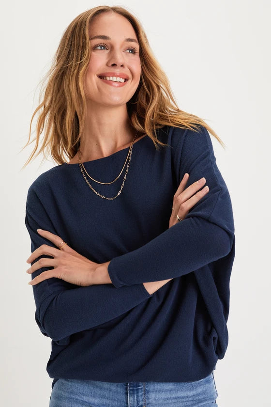 Verla Navy Blue Dolman Sleeve Sweater Top