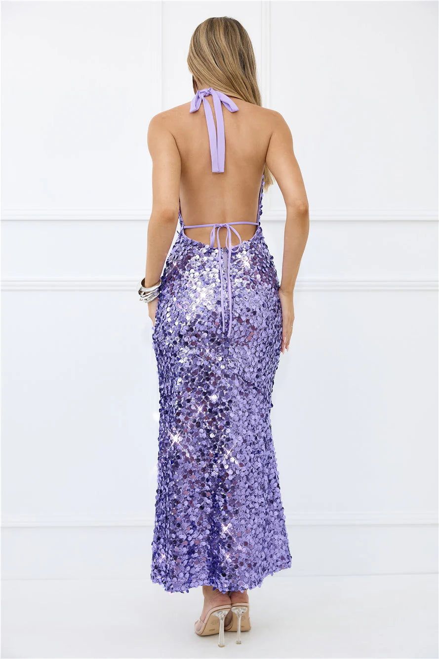Shimmer Dreams Halter Sequin Maxi Dress Purple
