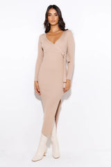 Season Style Ribbed Midi Dress Beige