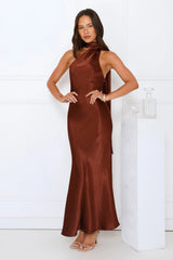 She's Got Plans Satin Maxi Dress Brown