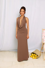 Silk Essence Halter Maxi Dress Brown