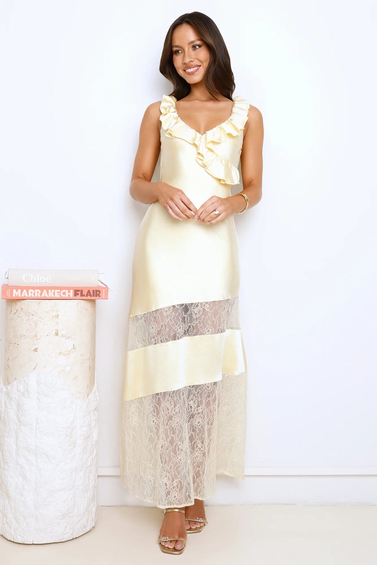 Shine Without Trying Lace Satin Maxi Dress Yellow