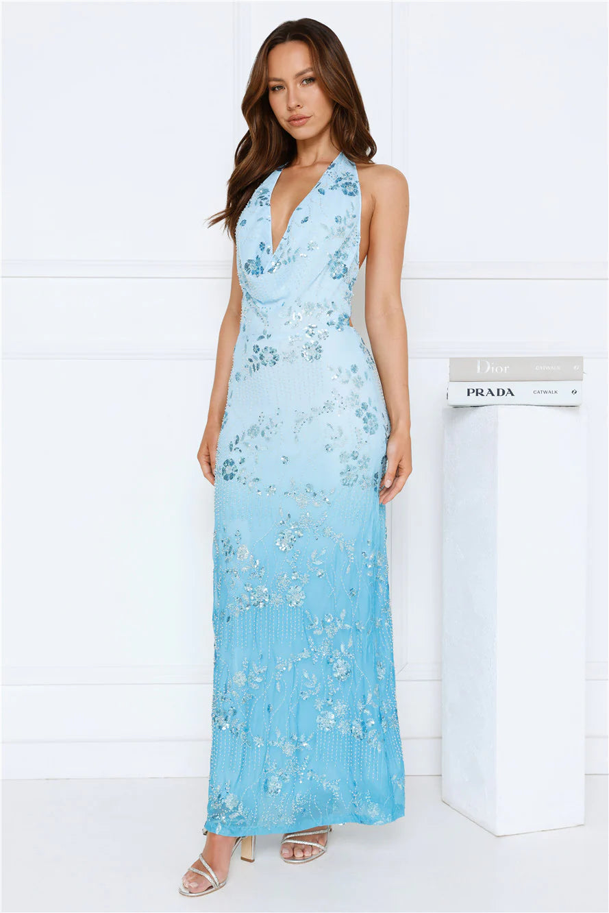 Shine Society Embellished Halter Maxi Dress Blue