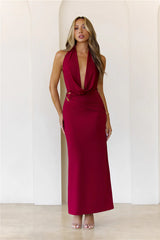 Silk Essence Halter Maxi Dress Burgundy