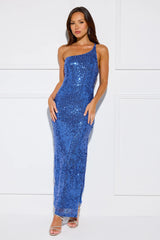 Shining Like Daylight Sequin One Shoulder Maxi Dress Blue
