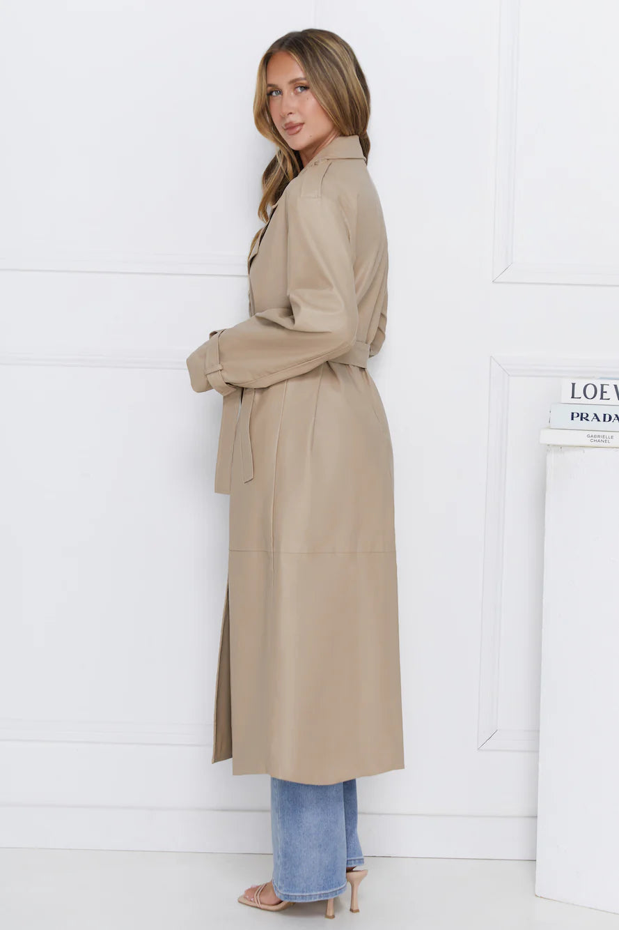 Subtle Sophistication Faux Leather Trench Coat Beige