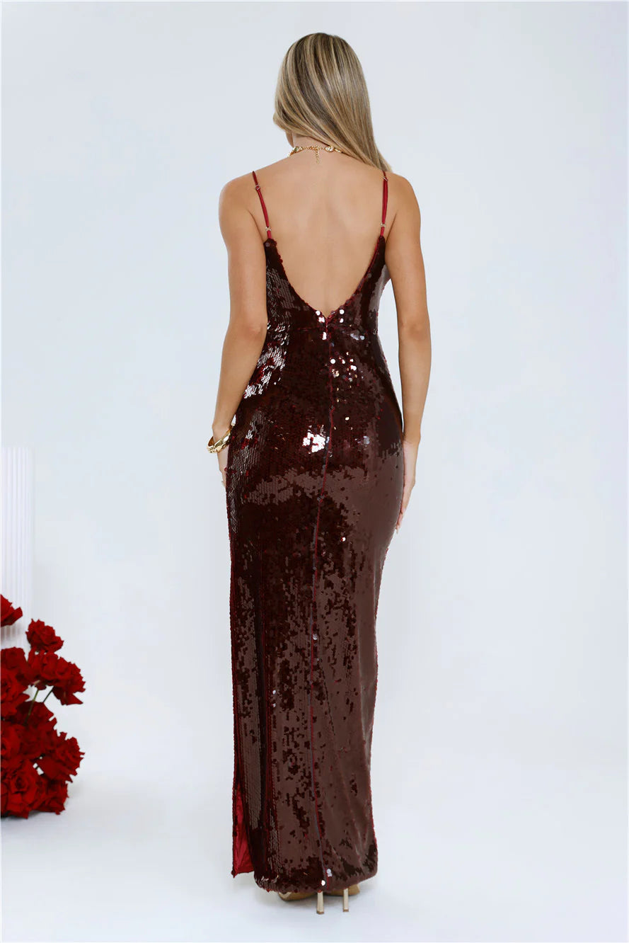 Sequin Statement Midi Dress Wine