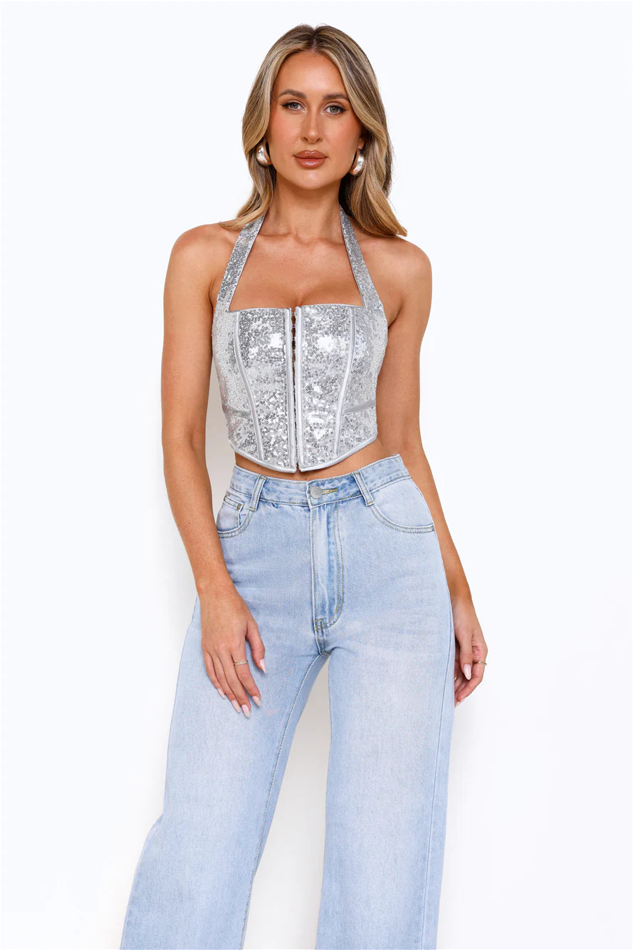Sequin Edition Halter Corset Crop Top Silver