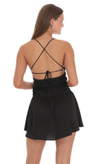 Satin Smocked Ruche Cutout Dress in Black