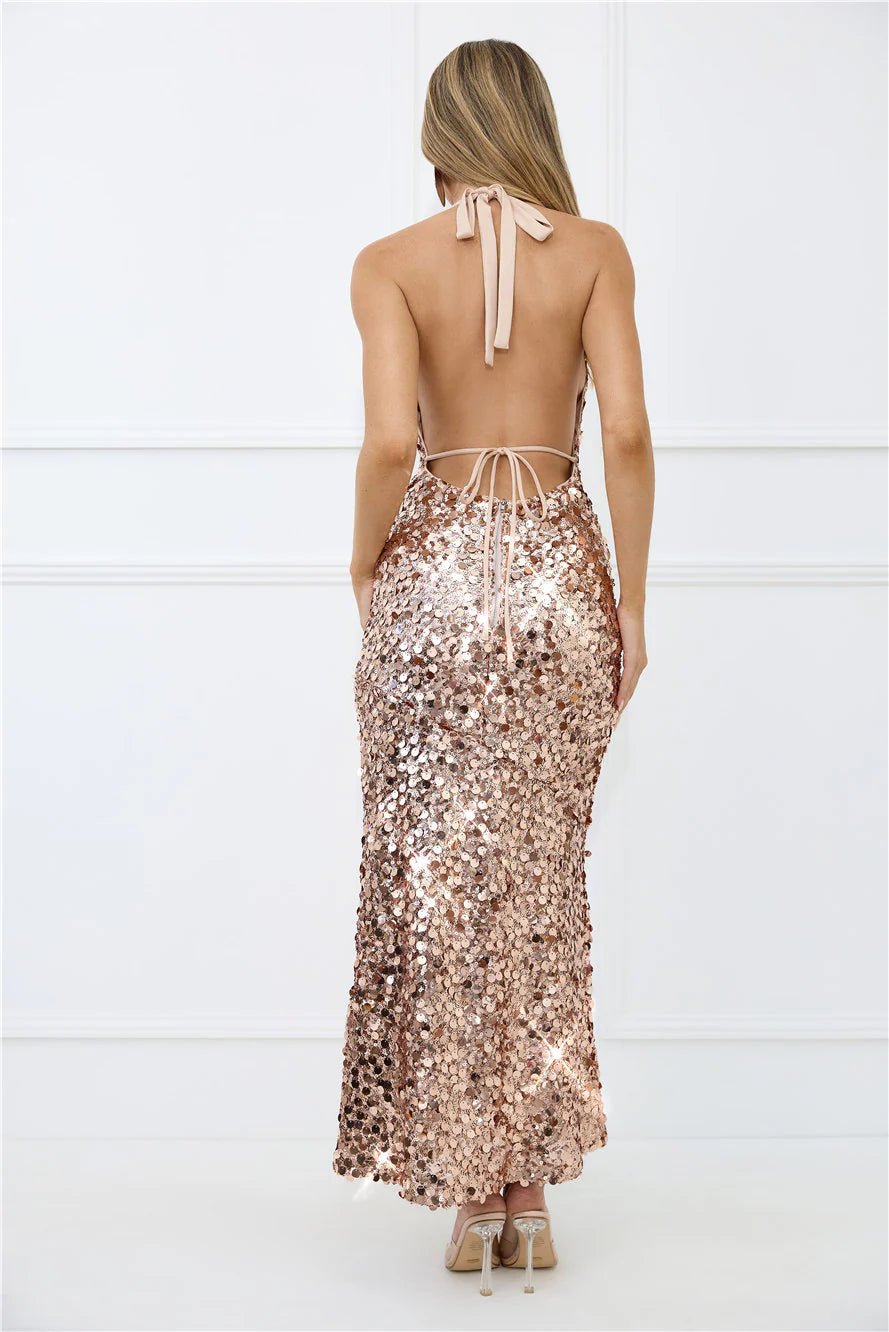 Shimmer Dreams Halter Sequin Maxi Dress Rose Gold