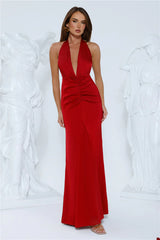Silhouette Theory Halter Satin Maxi Dress Red