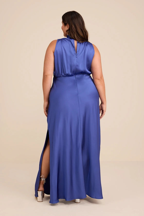 Classic Elegance Blue Satin Sleeveless Mock Neck Maxi Dress