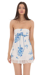 Floral Dotted Strapless Dress in White