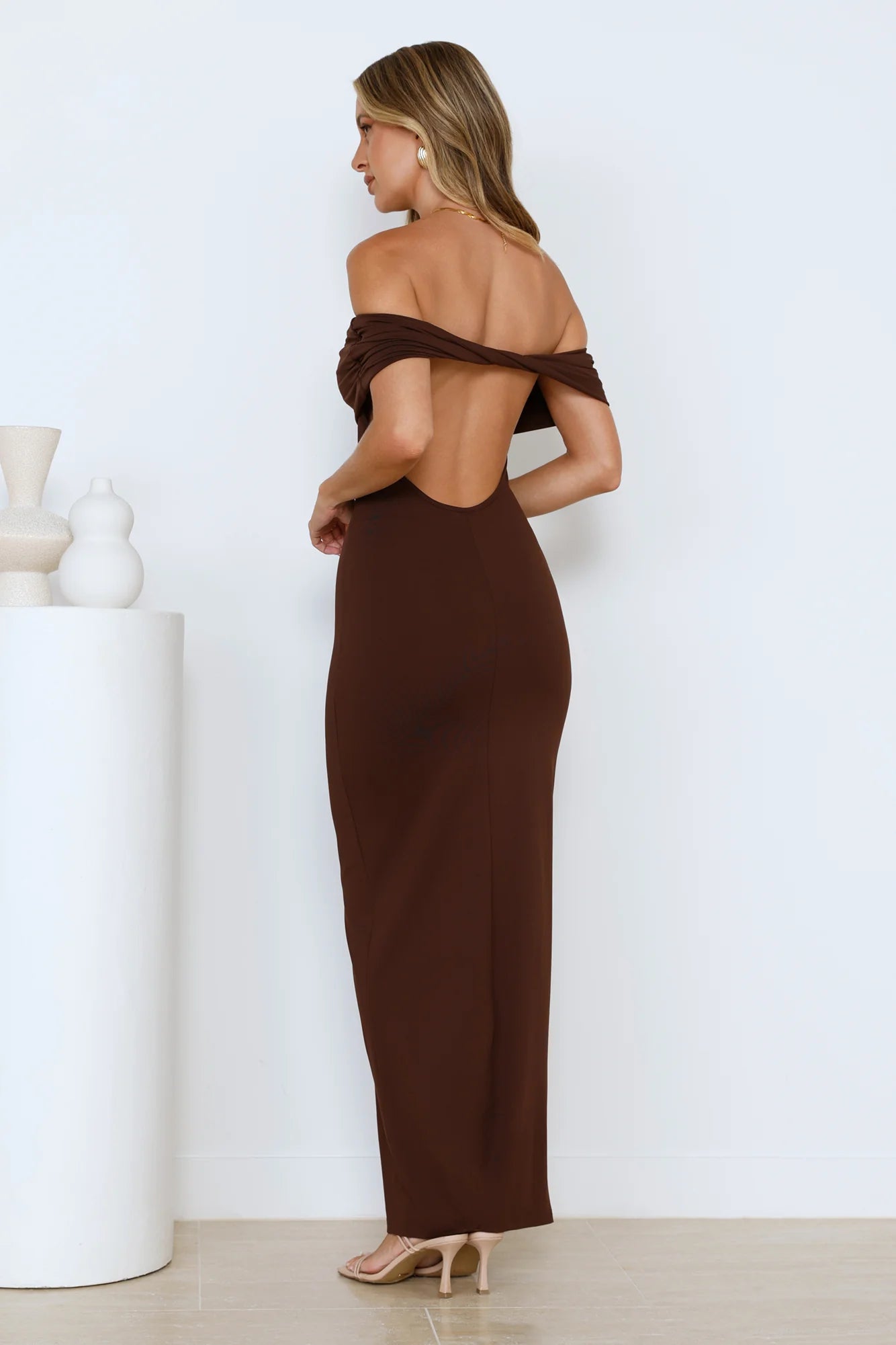 Soft Whispers Off Shoulder Maxi Dress Brown