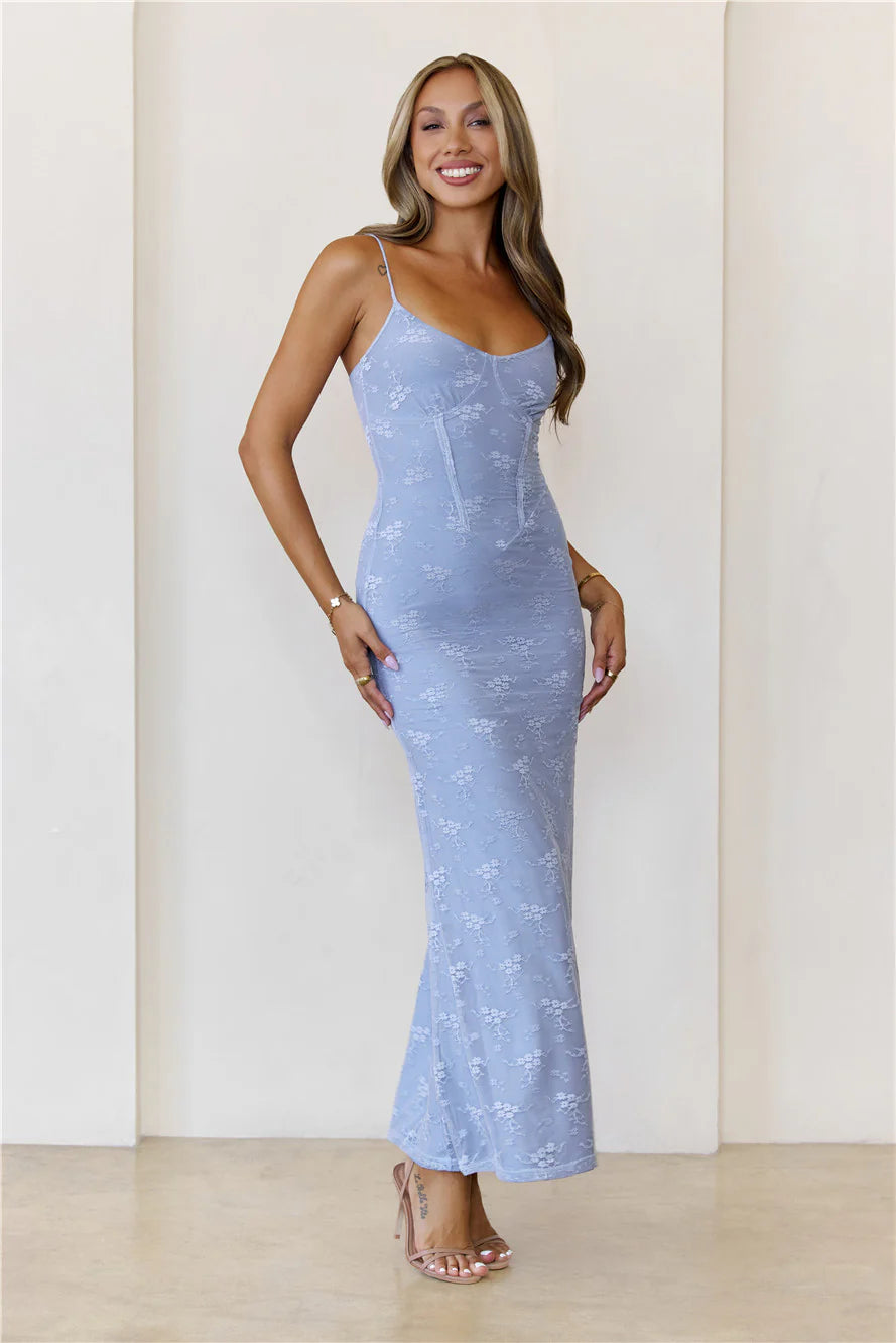 Sheer Radiance Lace Maxi Dress Blue