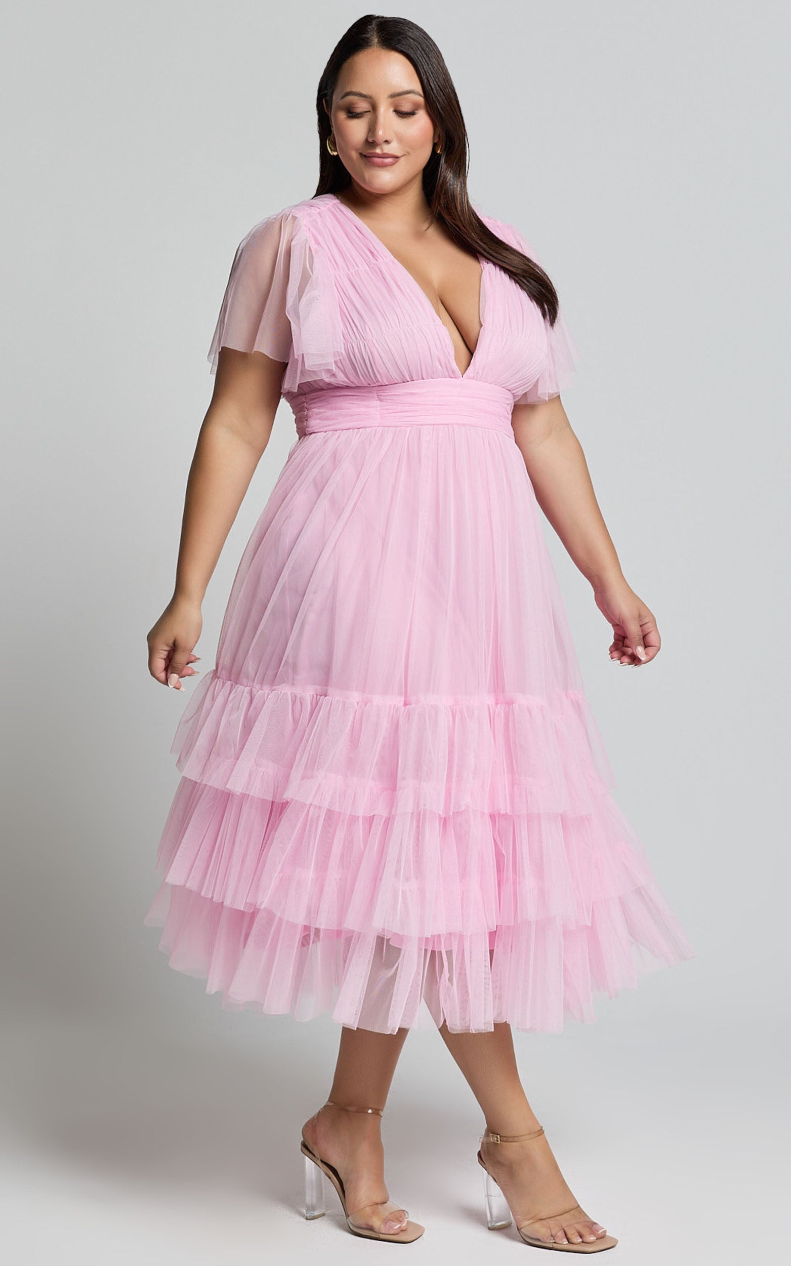 Jiraye Midi Dress - Flutter Sleeve Tuelle Plunge Dress in Ballet Pink