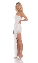 Mesh Ruffle Strapless Maxi Dress in White