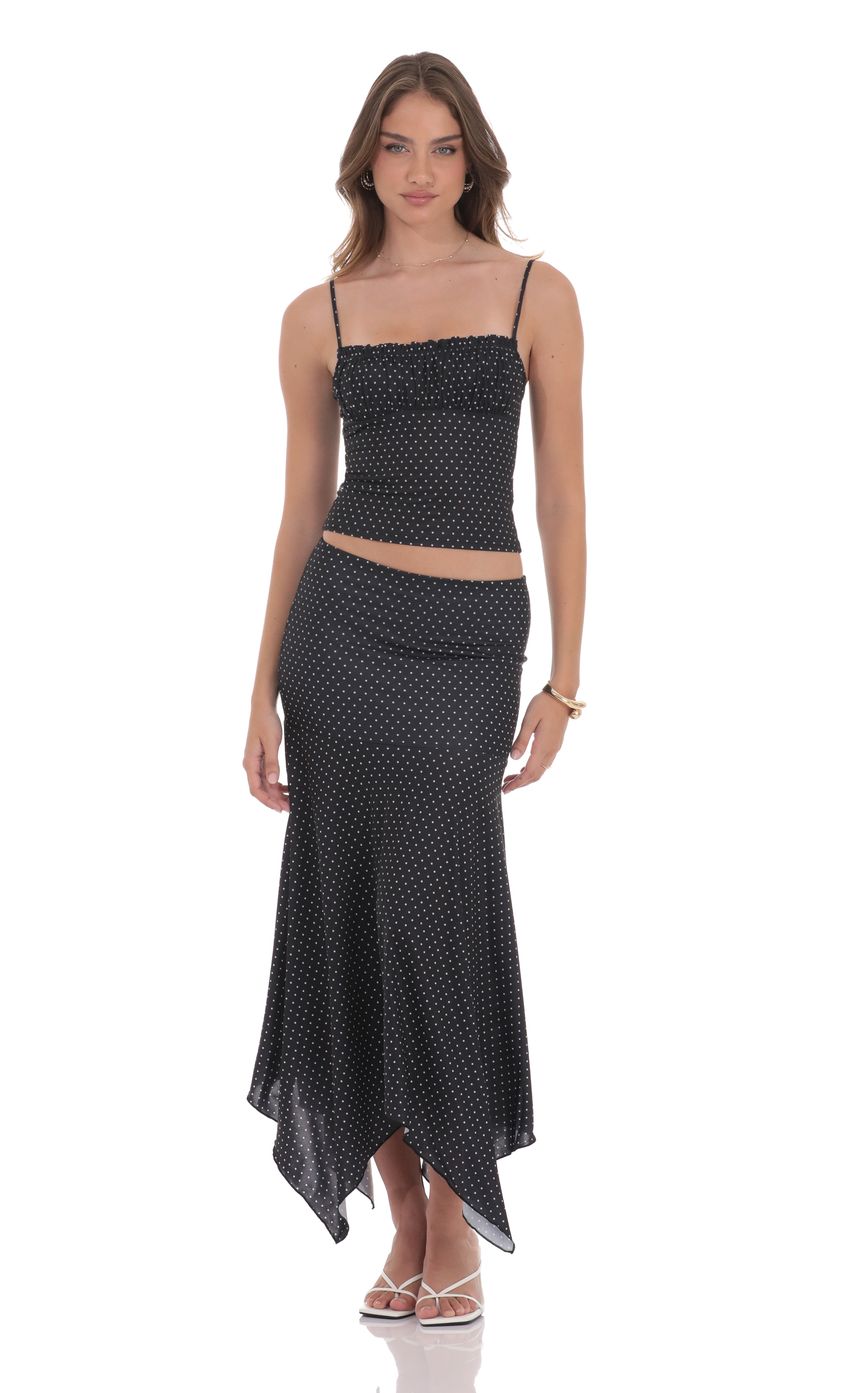 Polka Dot Asymmetrical Maxi Skirt in Black