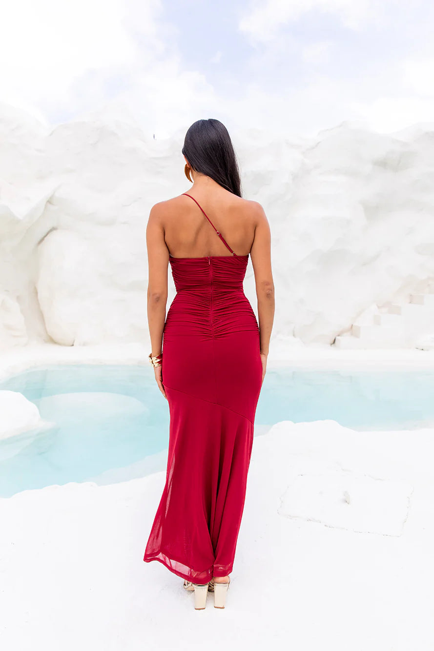 Self Expression One Shoulder Mesh Maxi Dress Red