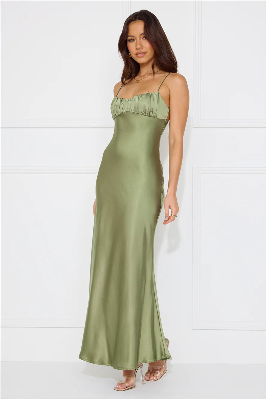Silk Shimmers Satin Maxi Dress Olive