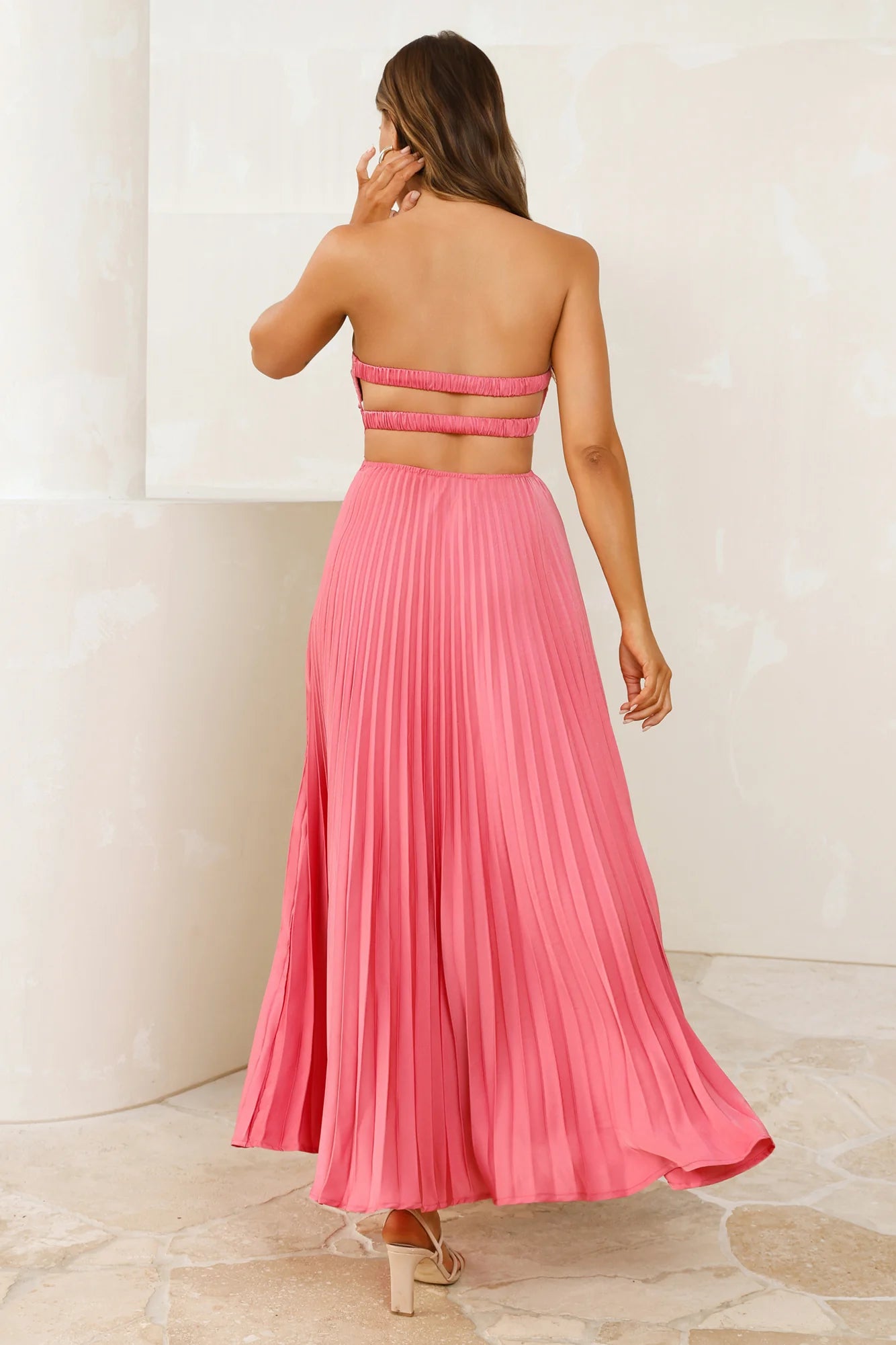 Vibes Are Priceless Strapless Satin Pleated Maxi Dress Rose