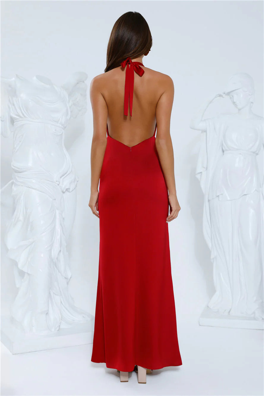 Silhouette Theory Halter Satin Maxi Dress Red