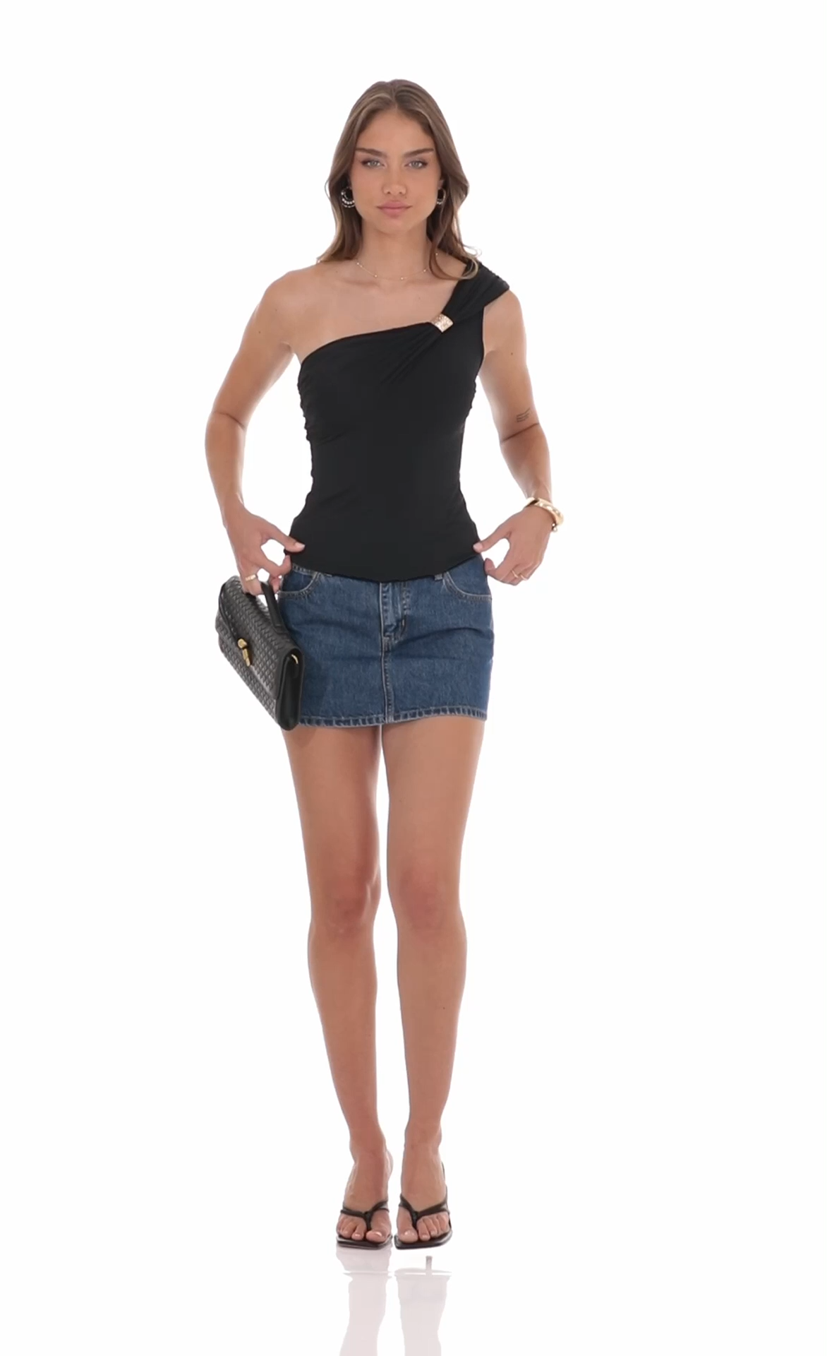 Embellished Capped One Shoulder Top in Black