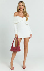 Rani Mini Dress Off Shoulder Long Sleeve Bodycon Dress in Off White