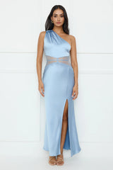 Show You Love One Shoulder Satin Maxi Dress Blue