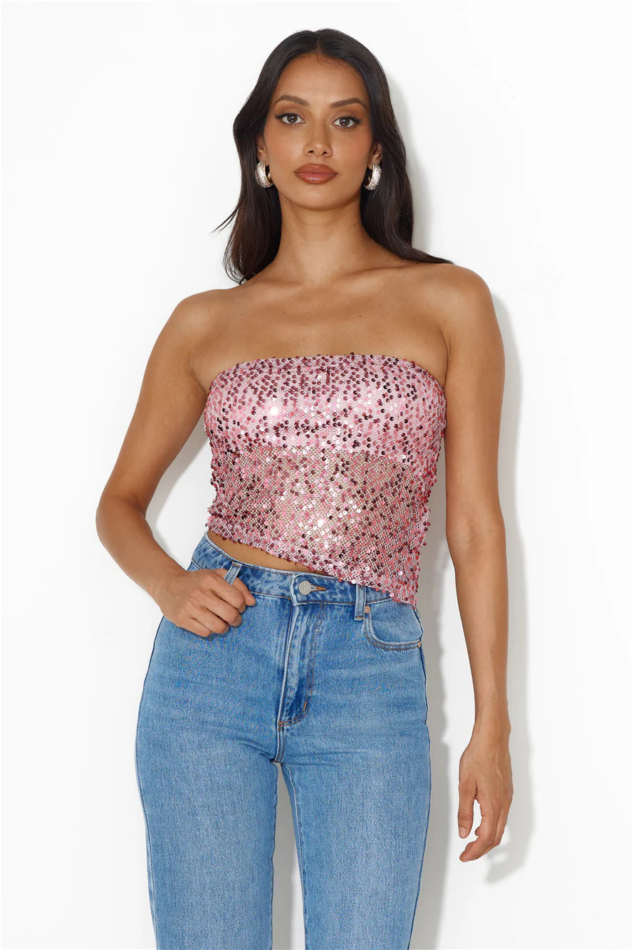 She Is The Party Strapless Sequin Crop Top Pink