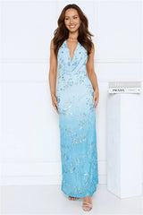 Shine Society Embellished Halter Maxi Dress Blue