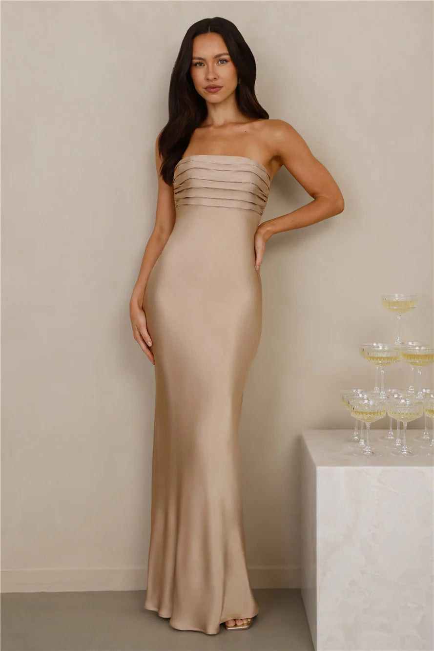The Seraphina Strapless Satin Maxi Dress Champagne