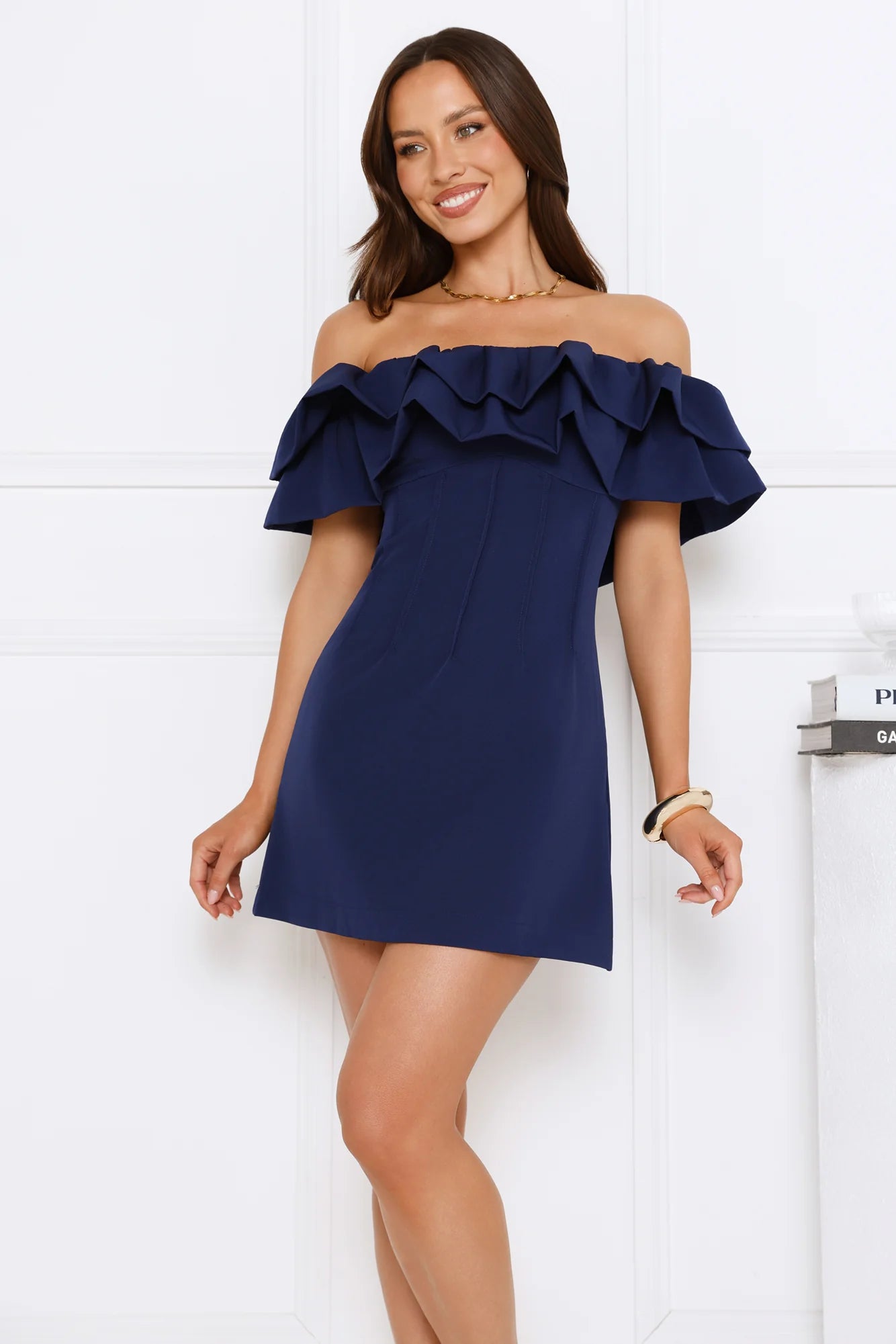 Starlit Enchant Off Shoulder Mini Dress Blue