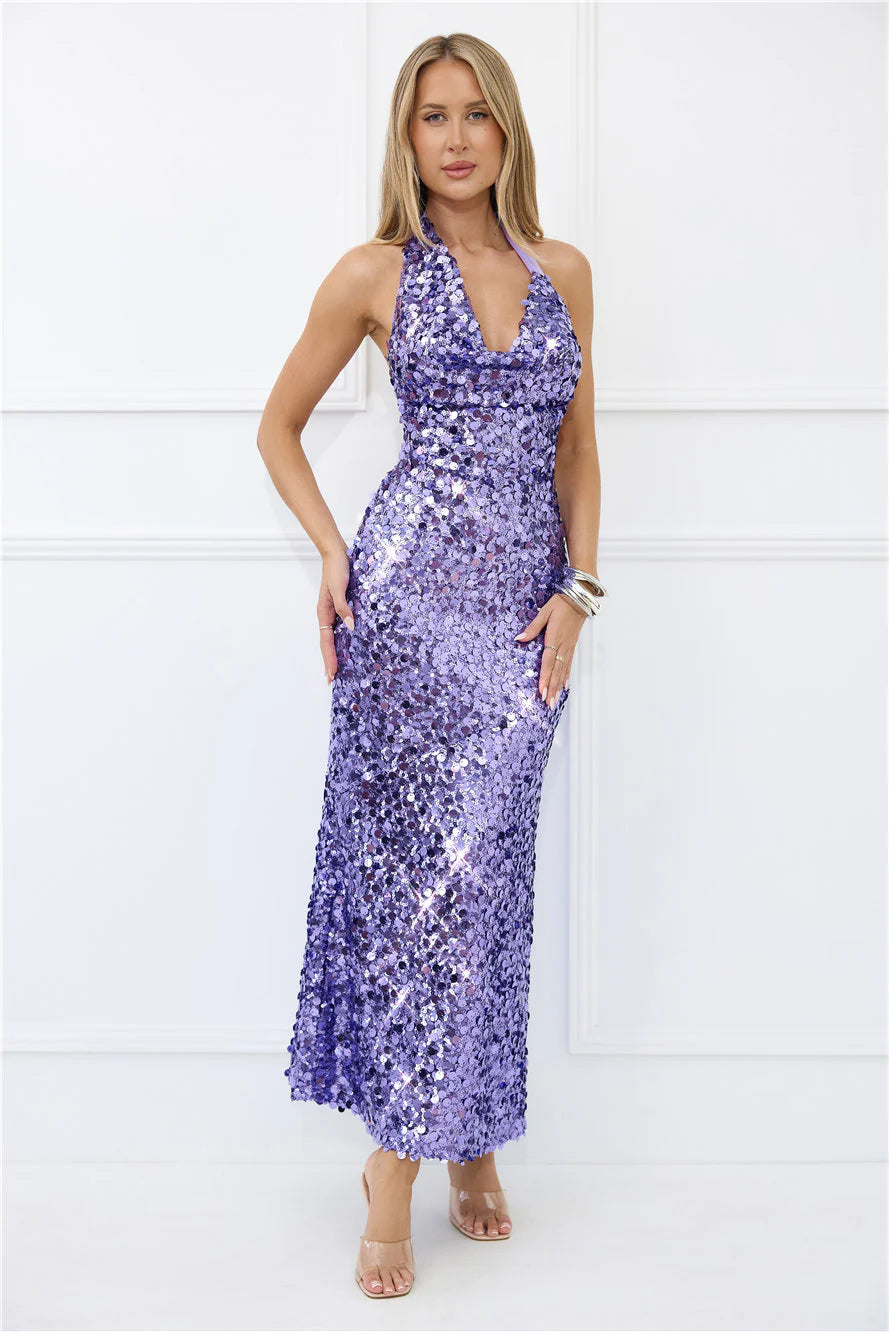 Shimmer Dreams Halter Sequin Maxi Dress Purple