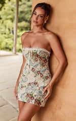 Dana Mini Dress Jacquard Strapless Contrast Trim Bodycon Dress in Cream
