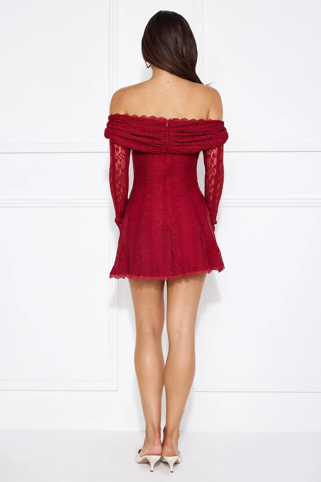 Secret Smile Lace Off Shoulder Mini Dress Burgundy