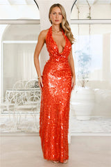 Spark The Night Sequin Halter Maxi Dress Orange