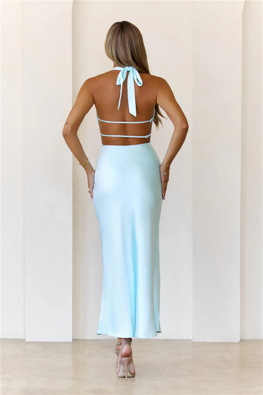 Starlit Diva Halter Satin Maxi Dress Blue