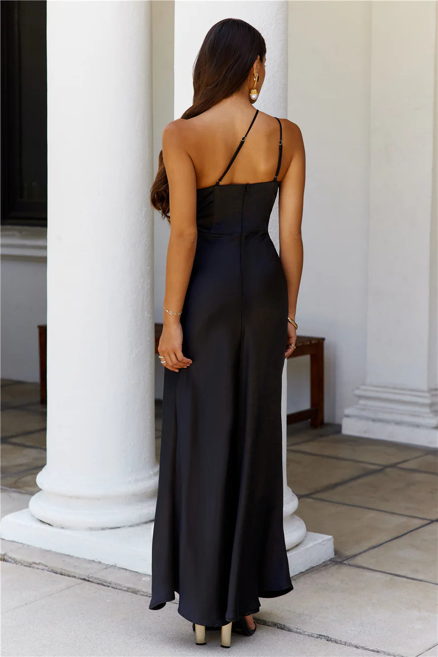 Show You Love One Shoulder Satin Maxi Dress Black