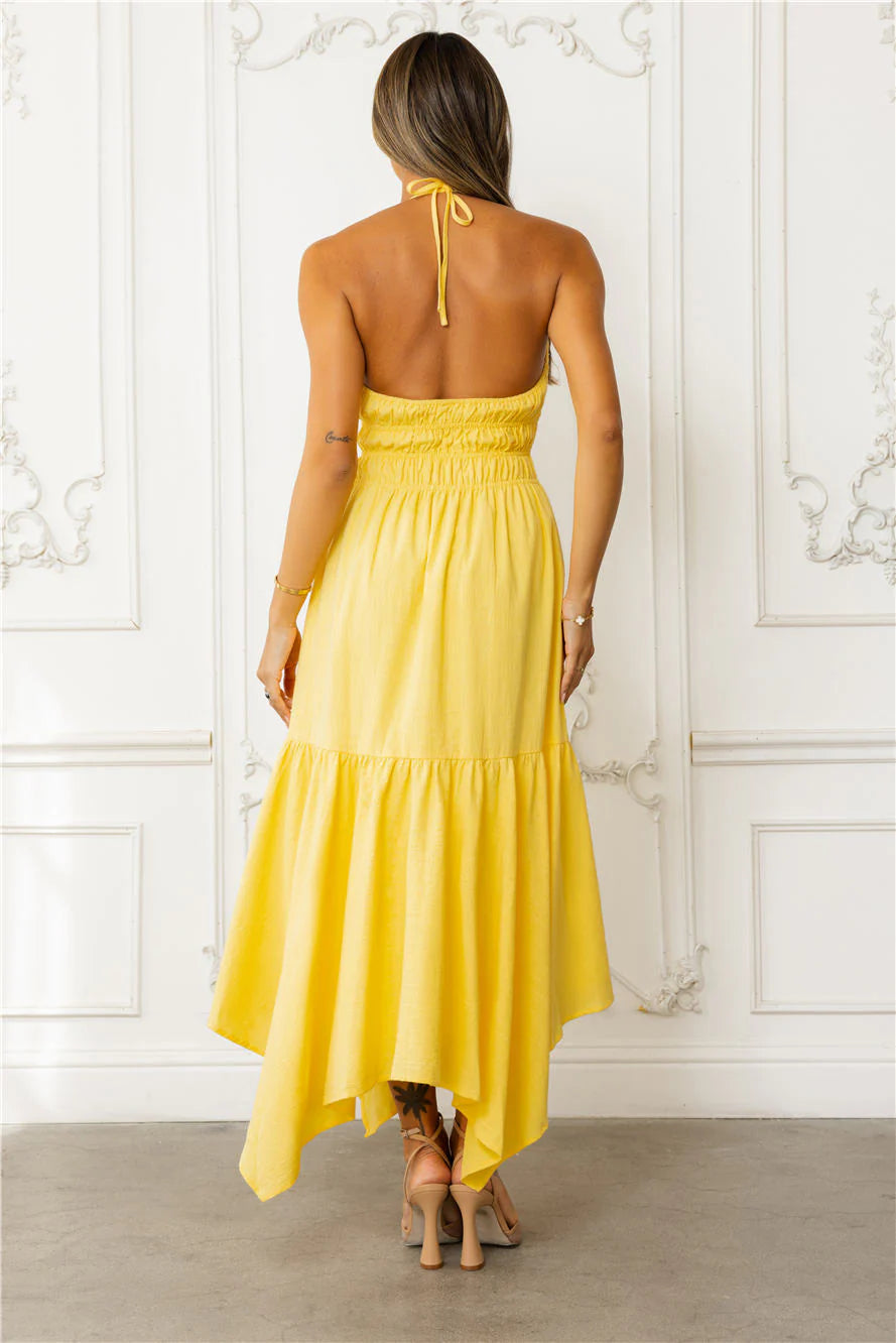 Sundrenched Escapes Halter Maxi Dress Yellow