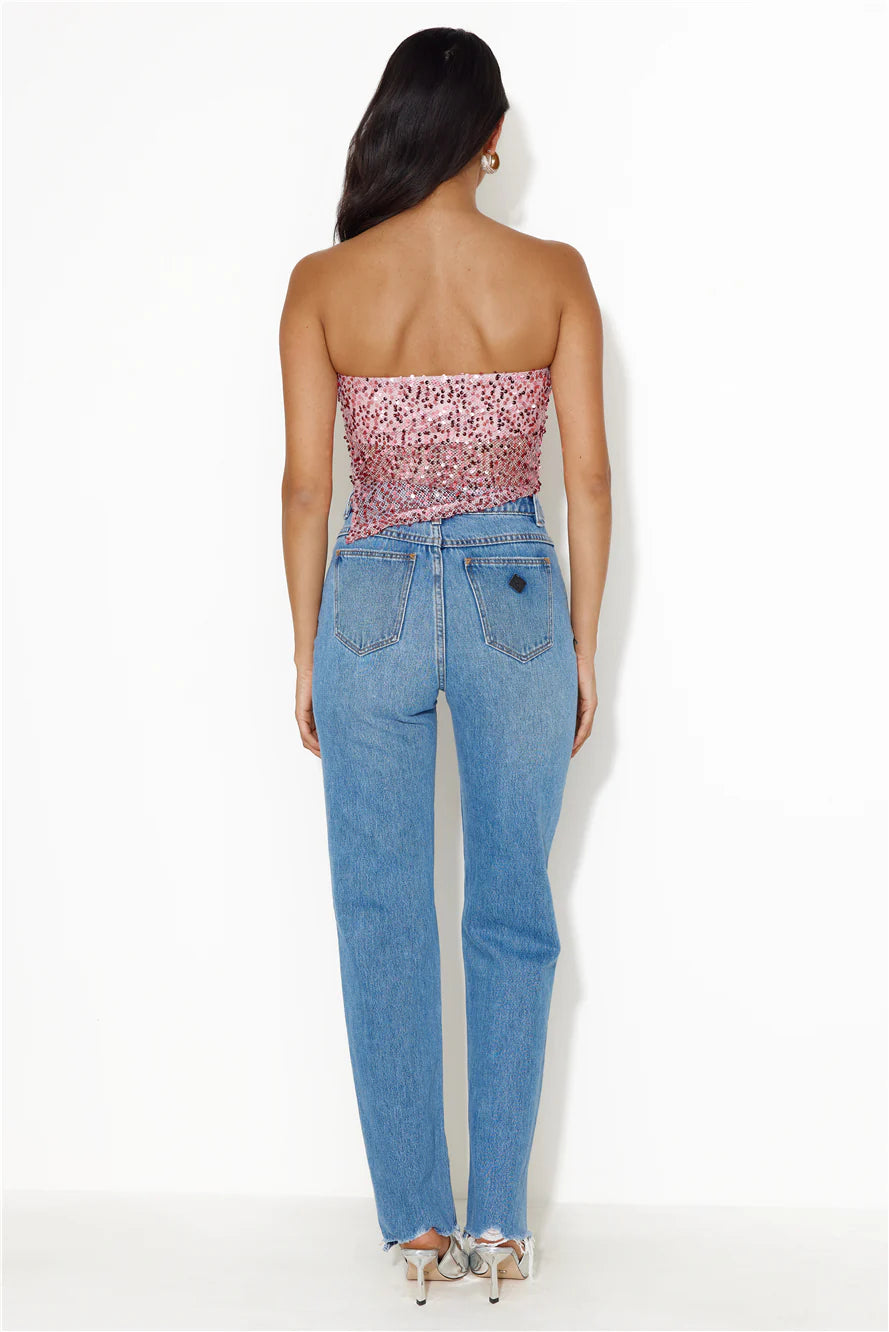 She Is The Party Strapless Sequin Crop Top Pink