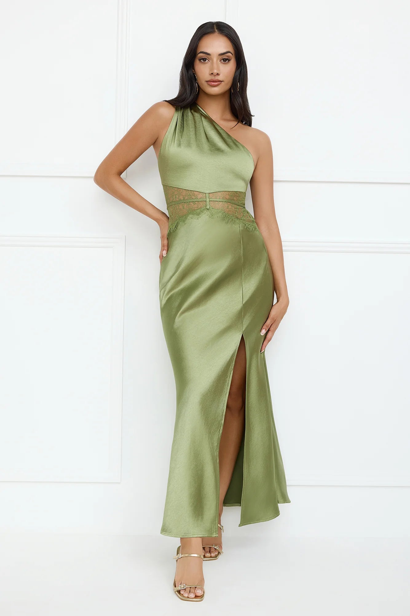Show You Love One Shoulder Satin Maxi Dress Green