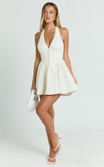 Raina Mini Dress - Halterneck Corset Waist Gathered Skirt Dress in Cream