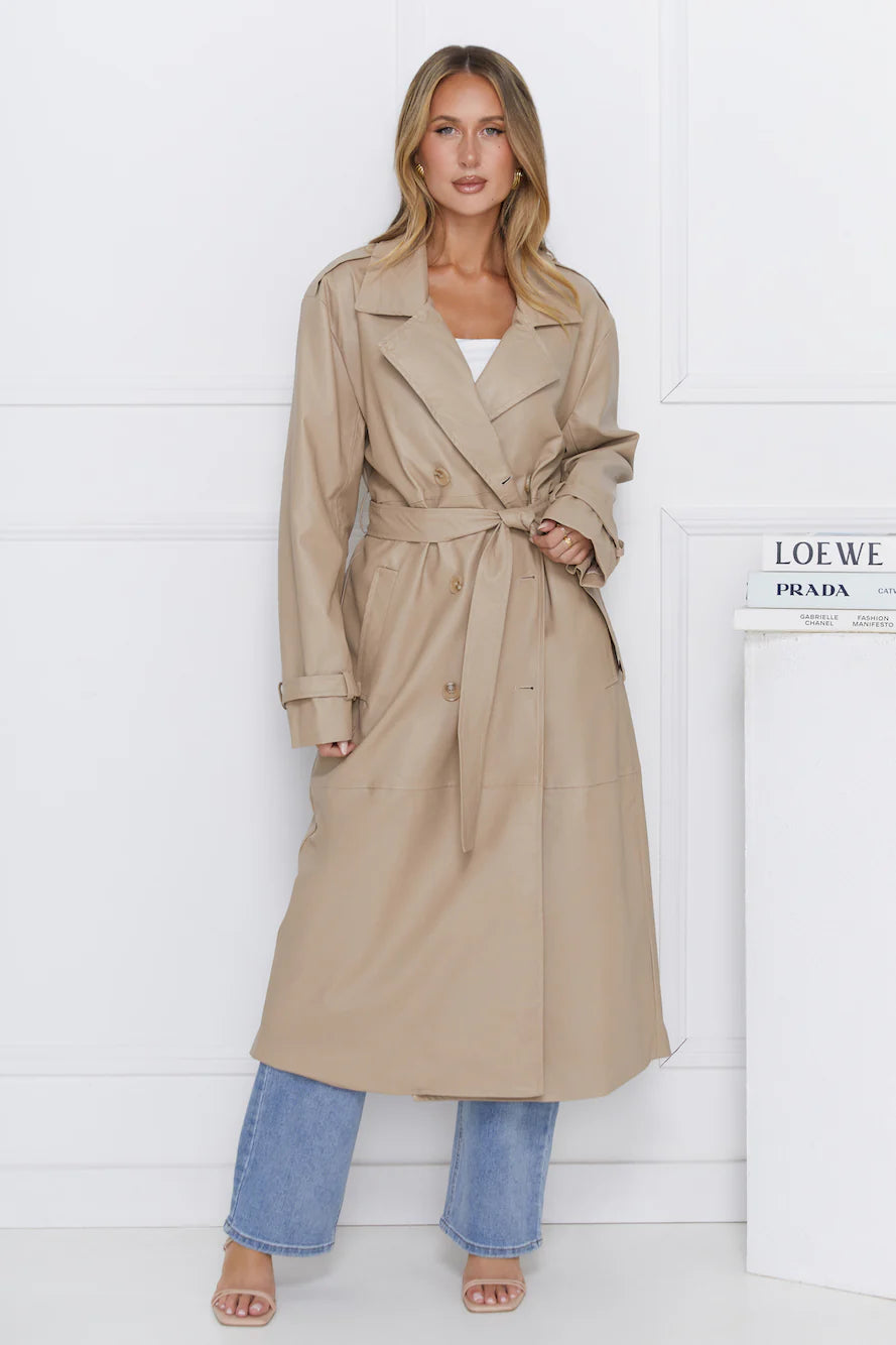 Subtle Sophistication Faux Leather Trench Coat Beige